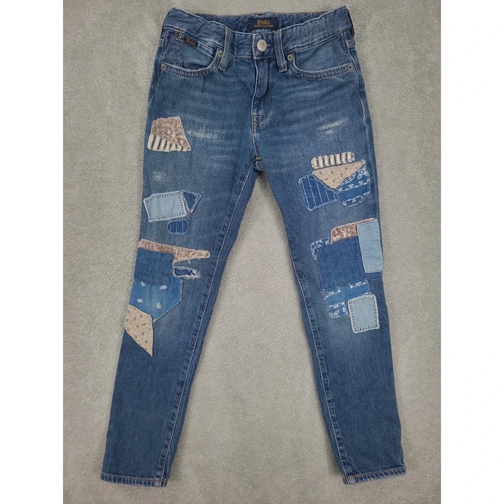 Polo Ralph Lauren Girls The Astor Slim Boyfriend Patchwork Denim Jeans - Size 7‎